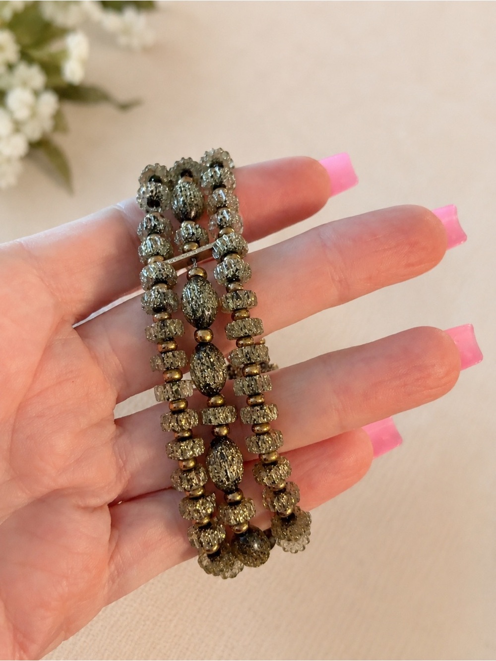 Vintage 1950s 3 Strand Sugar Bead Bracelet Bronze Olive Ornate Clasp